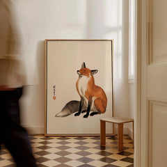 Vintage Japanese Fox Art Print – Minimal Wildlife Wall Art — framed canvas on floor man walking past
