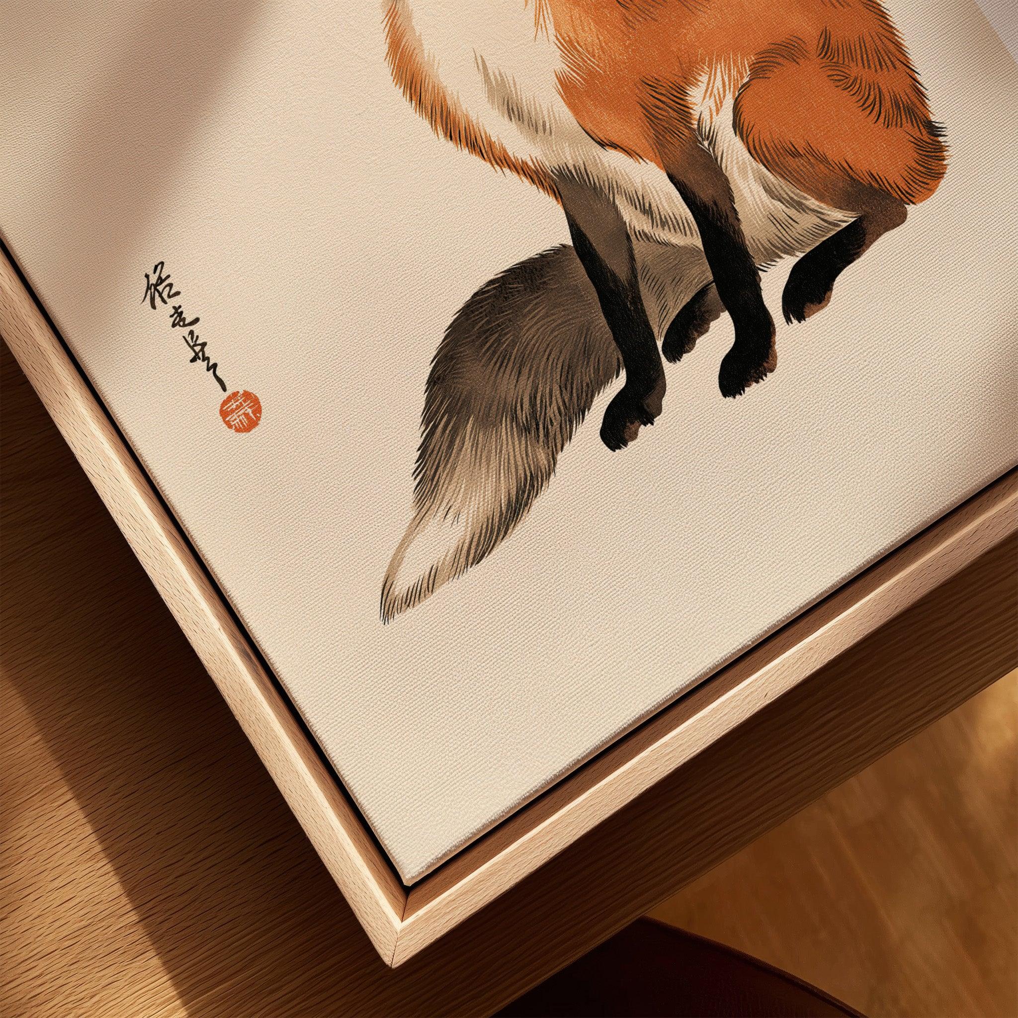Vintage Japanese Fox Art Print – Minimal Wildlife Wall Art — closeup framed canvas natural wood floating frame