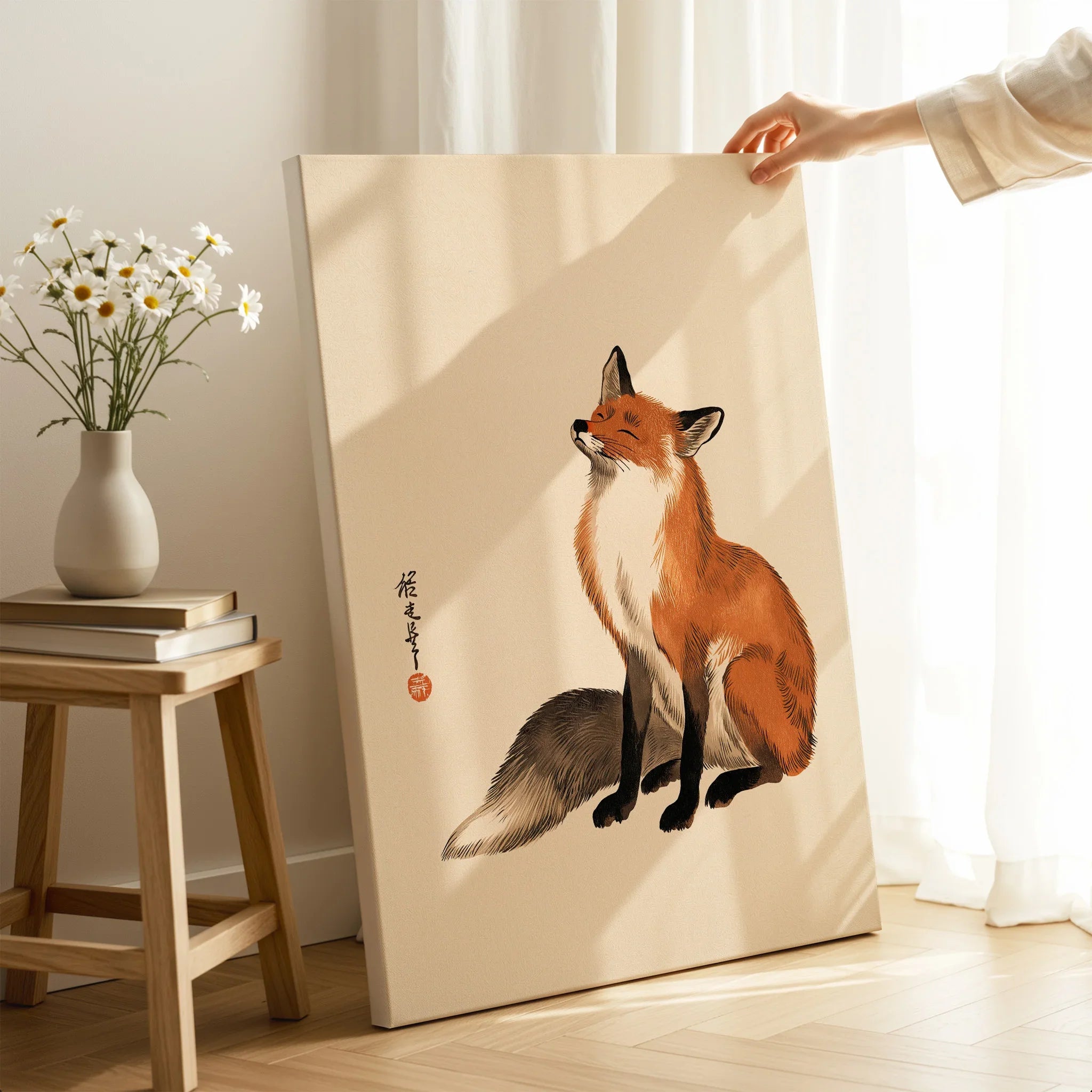 Vintage Japanese Fox Art Print – Minimal Wildlife Wall Art — canvas print mirror edge hand holding room setting