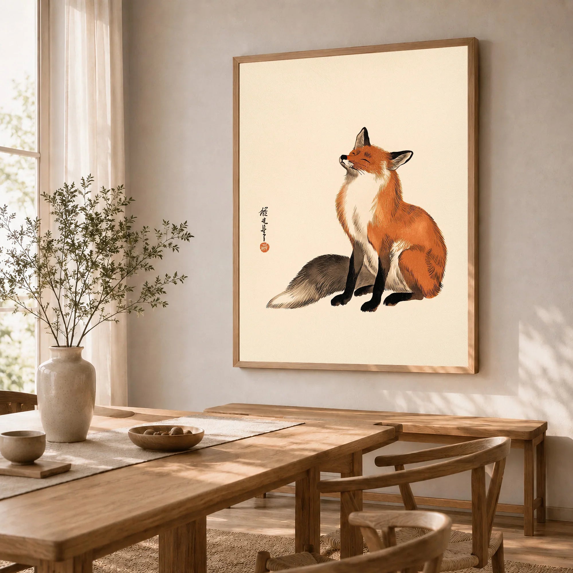 Vintage Japanese Fox Art Print – Minimal Wildlife Wall Art — dining room framed print natural wood frame
