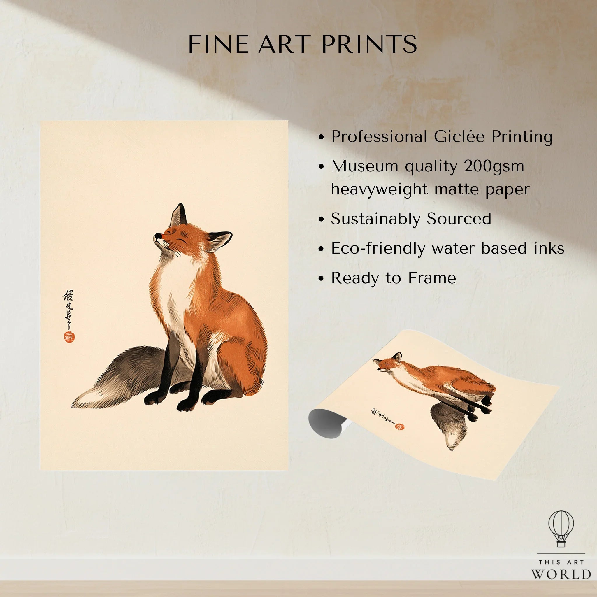 Vintage Japanese Fox Art Print – Minimal Wildlife Wall Art — fine art print unframed quality details
