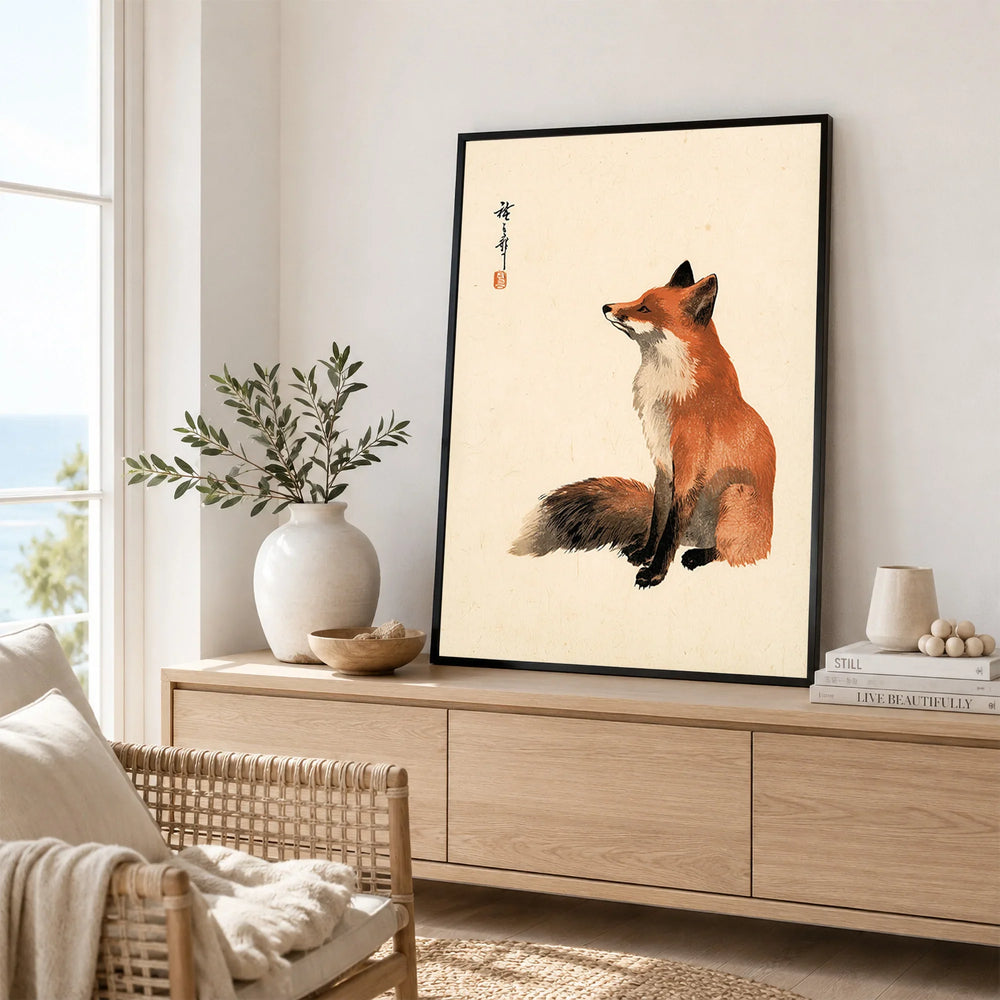 Japanese Fox Art Print – Vintage Minimalist Wall Art — framed artwork living room lifestyle setting