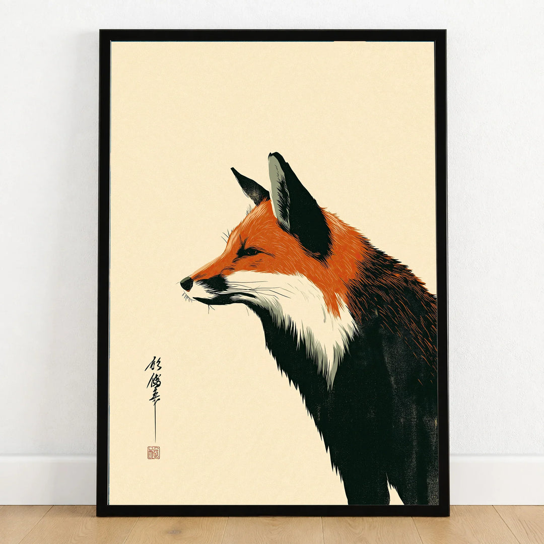 Japanese Fox Wall Art – Vintage Woodblock Style Art Print — art print in black frame on wooden floor