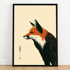 Japanese Fox Wall Art – Vintage Woodblock Style Art Print — art print in black frame on wooden floor