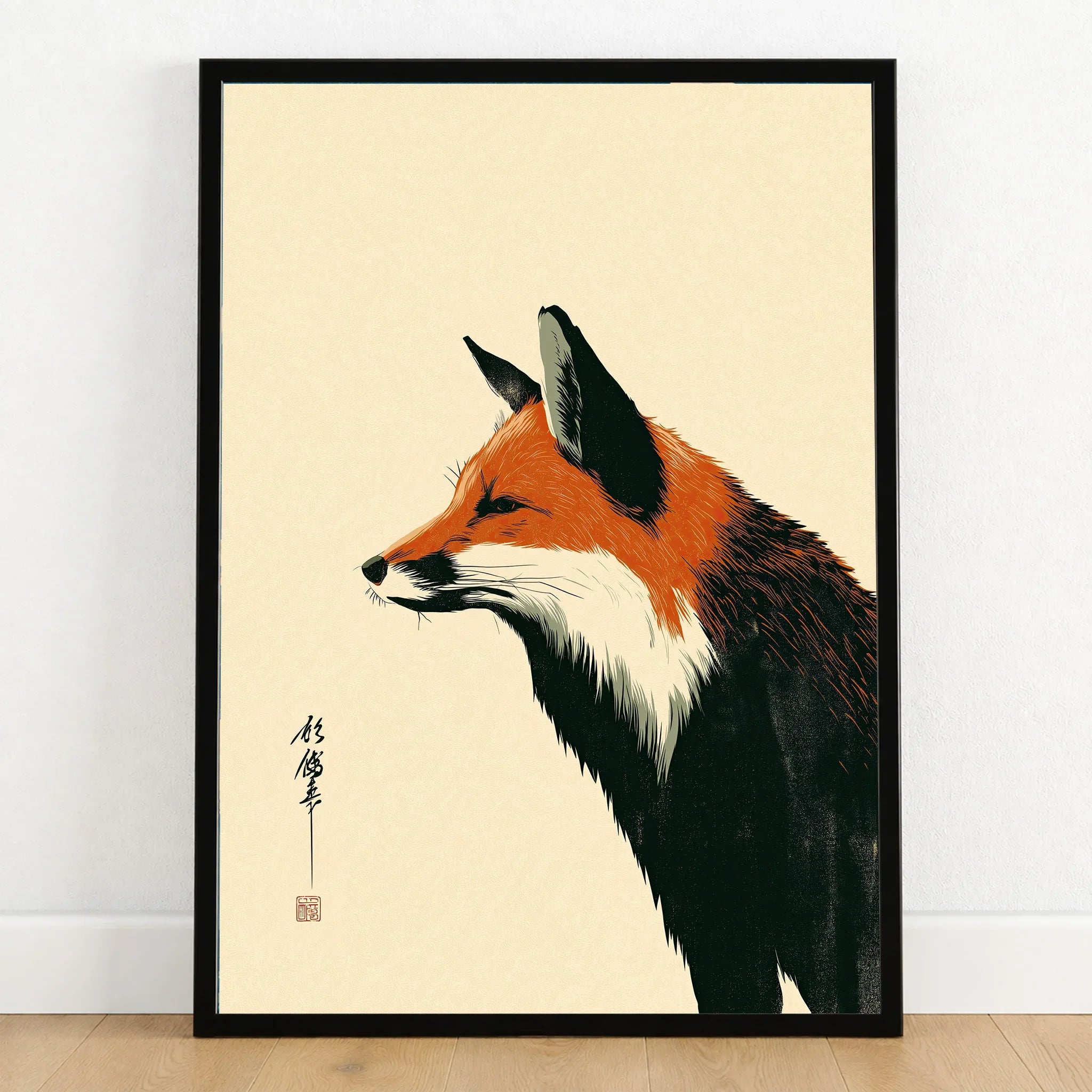 Japanese Fox Wall Art – Vintage Woodblock Style Art Print — art print in black frame on wooden floor