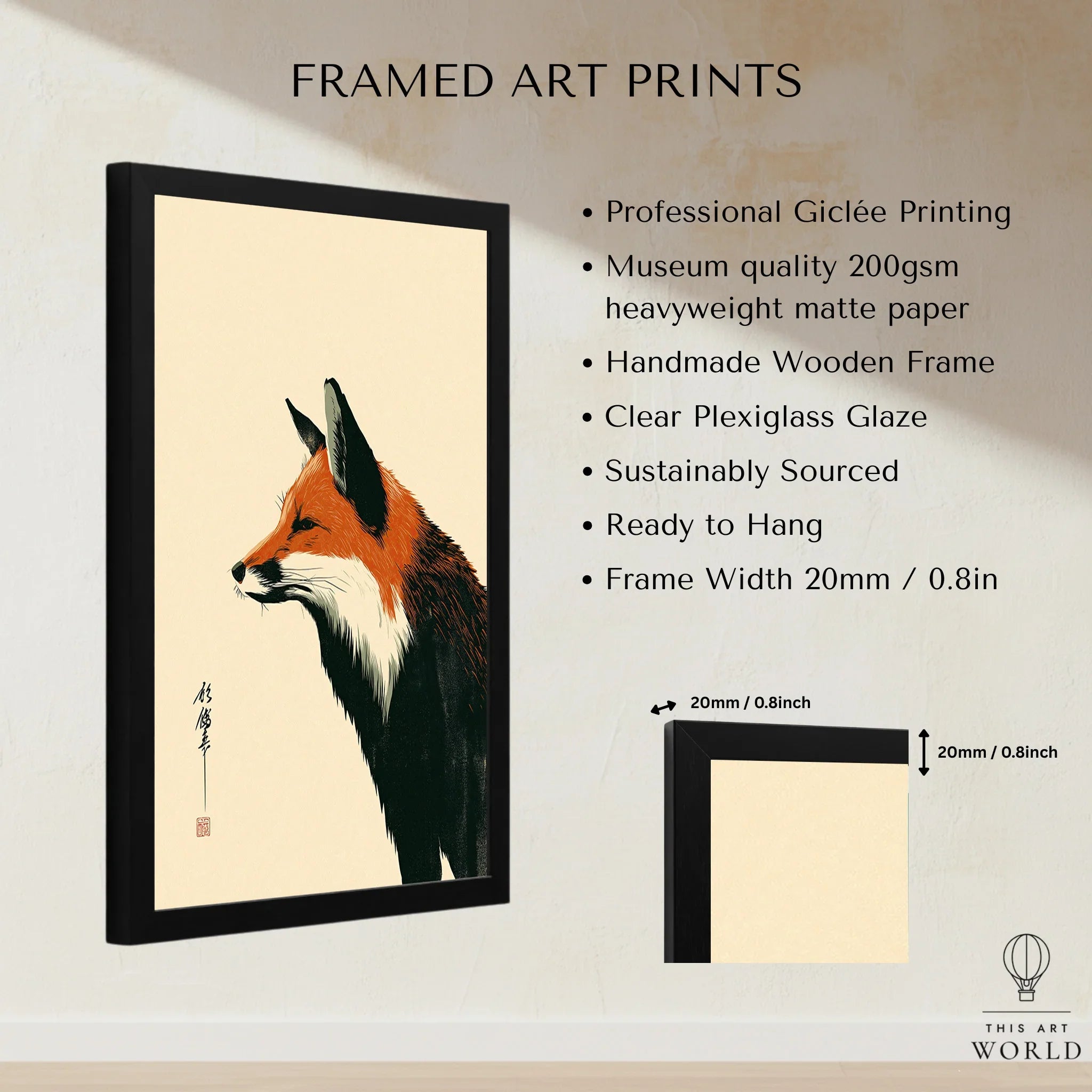 Japanese Fox Wall Art – Vintage Woodblock Style Art Print — framed print details measurements quality details