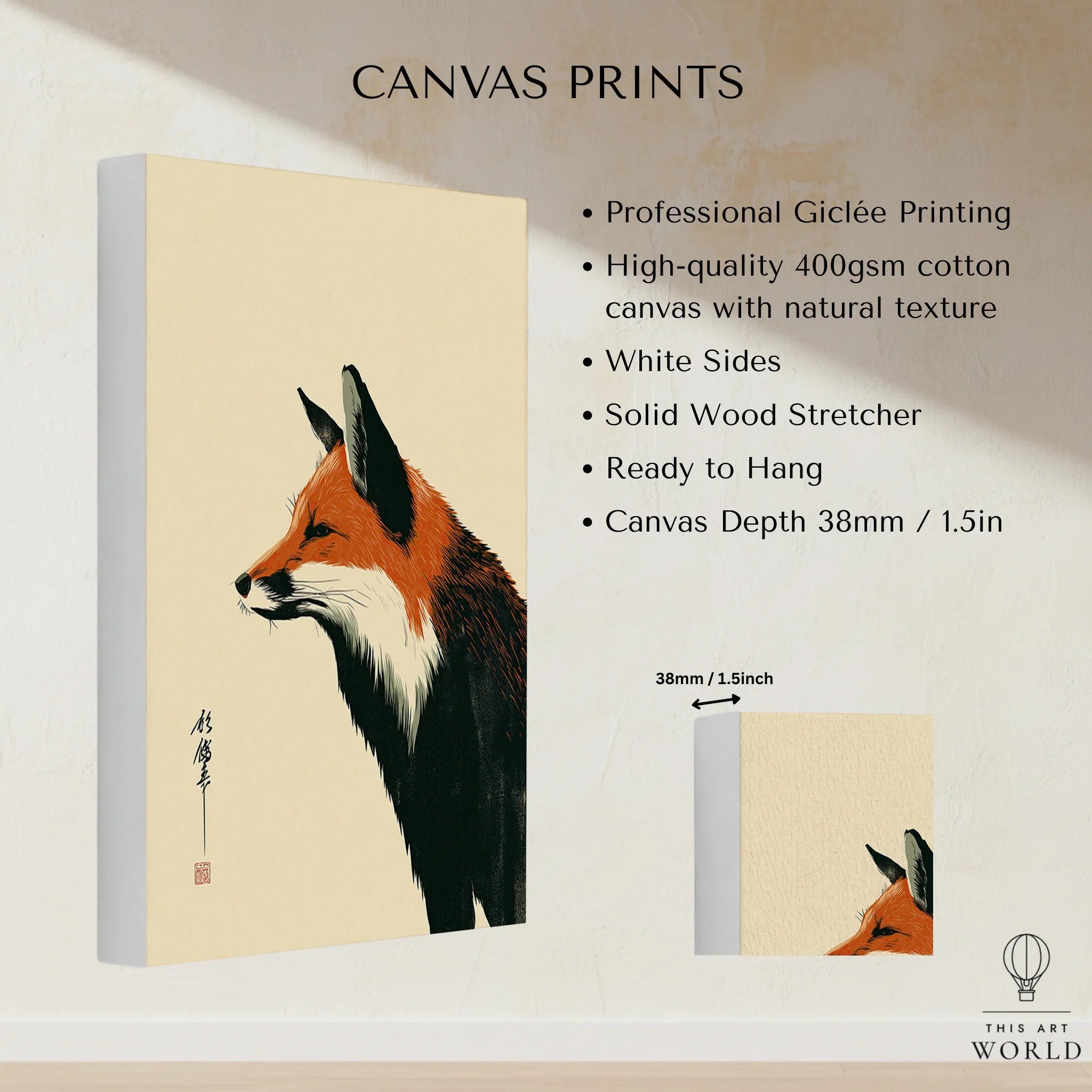 Japanese Fox Wall Art – Vintage Woodblock Style Art Print — canvas print stretched cotton canvas details