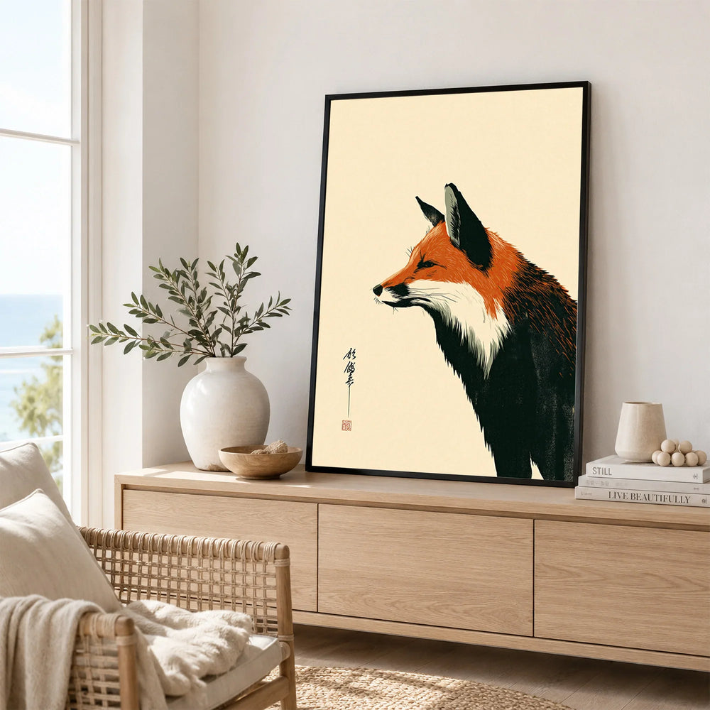 Japanese Fox Wall Art – Vintage Woodblock Style Art Print — framed artwork living room lifestyle setting