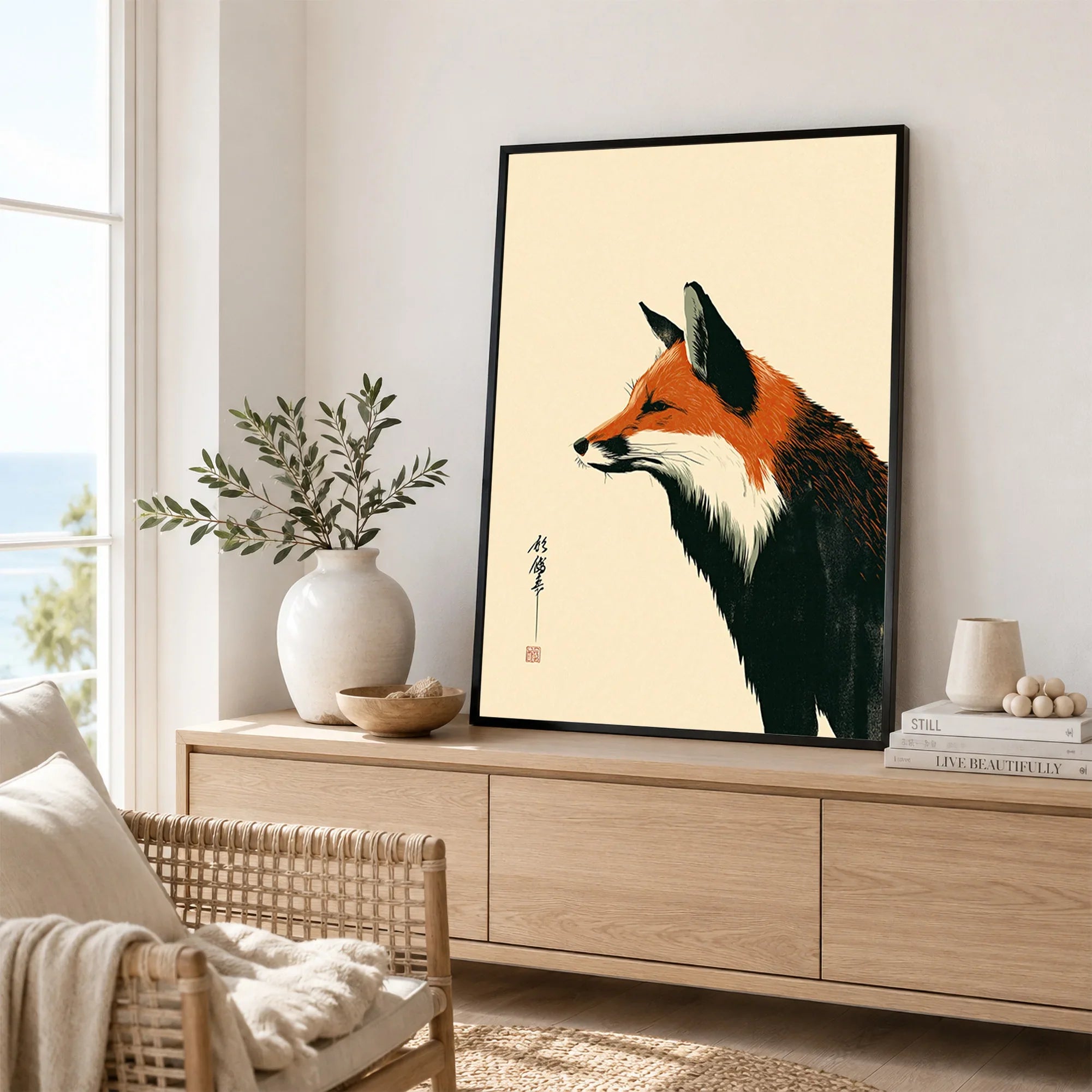 Japanese Fox Wall Art – Vintage Woodblock Style Art Print — framed artwork living room lifestyle setting