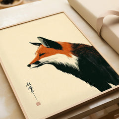 Japanese Fox Wall Art – Vintage Woodblock Style Art Print — framed art print closeup gift unwrapped natural frame