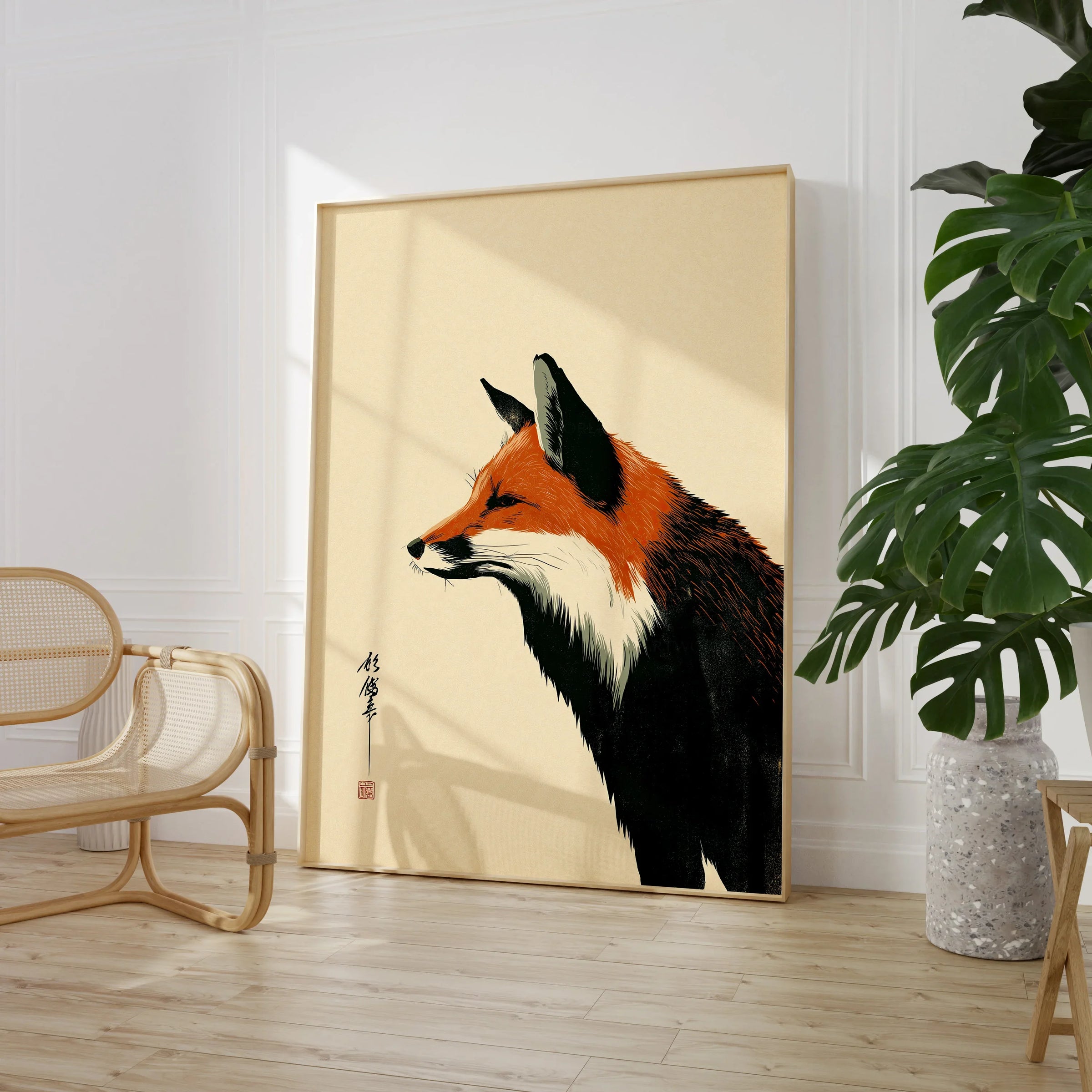 Japanese Fox Wall Art – Vintage Woodblock Style Art Print — large framed print room setting chair plant
