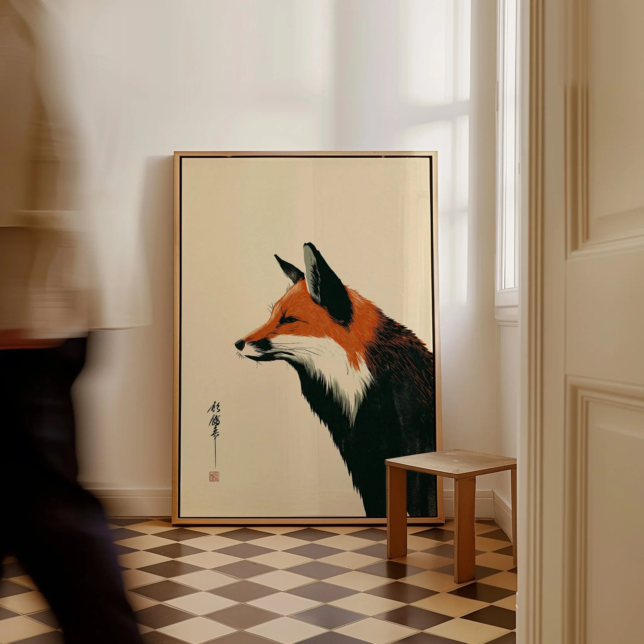 Japanese Fox Wall Art – Vintage Woodblock Style Art Print — framed canvas on floor man walking past