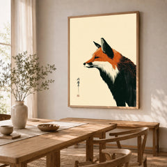 Japanese Fox Wall Art – Vintage Woodblock Style Art Print — dining room framed print natural wood frame