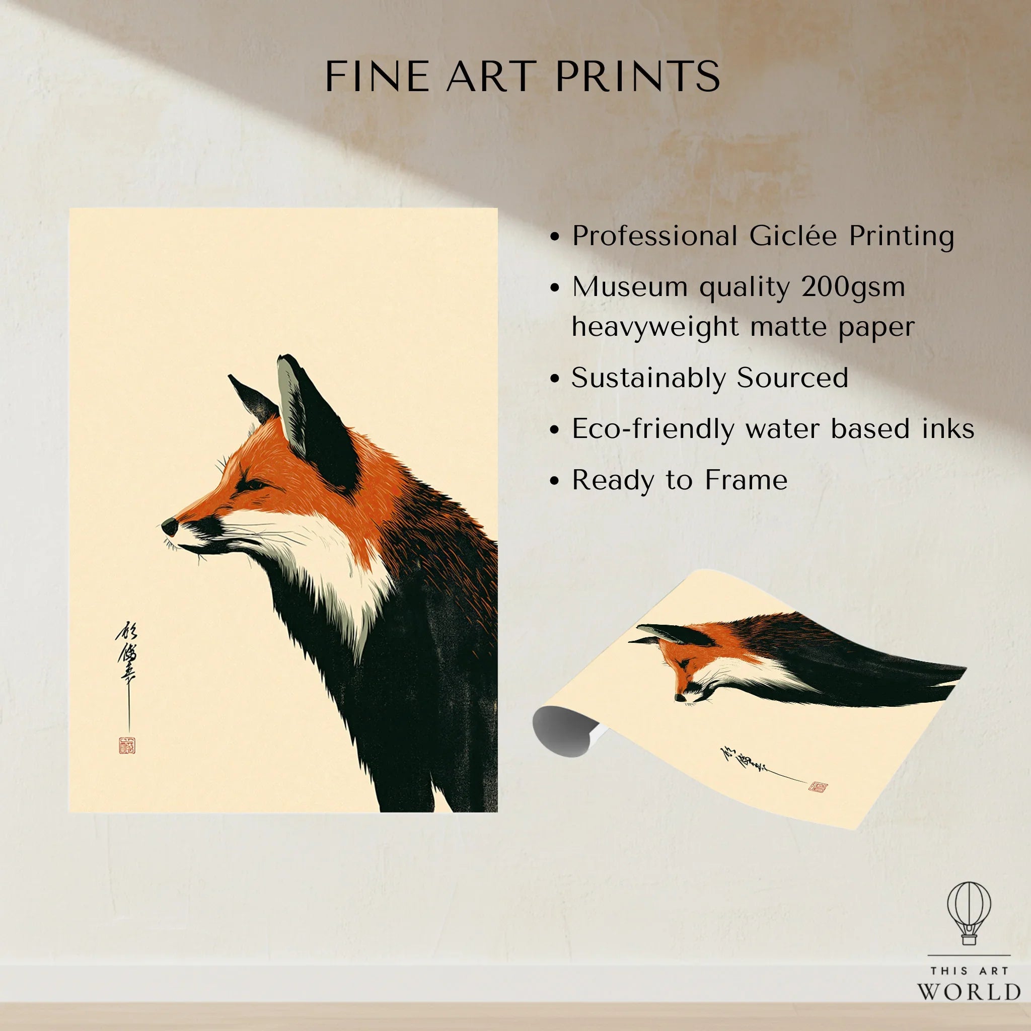Japanese Fox Wall Art – Vintage Woodblock Style Art Print — fine art print unframed quality details