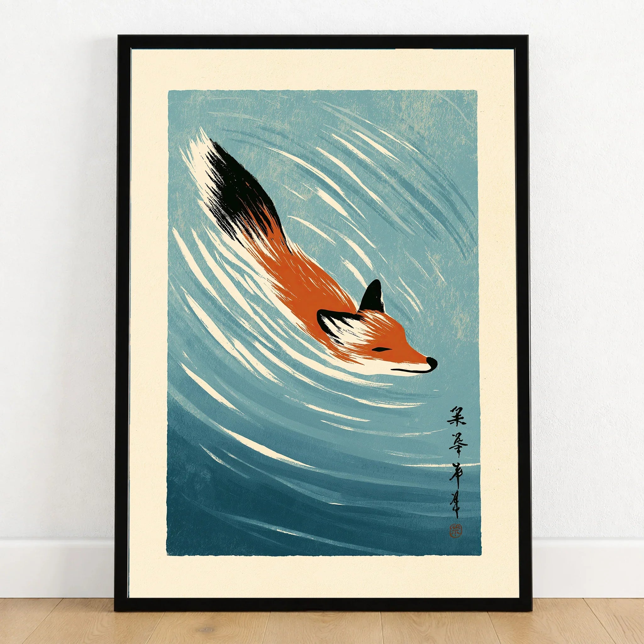 Japanese Fox Art Print – Blue Vintage Japanese Wall Art — art print in black frame on wooden floor