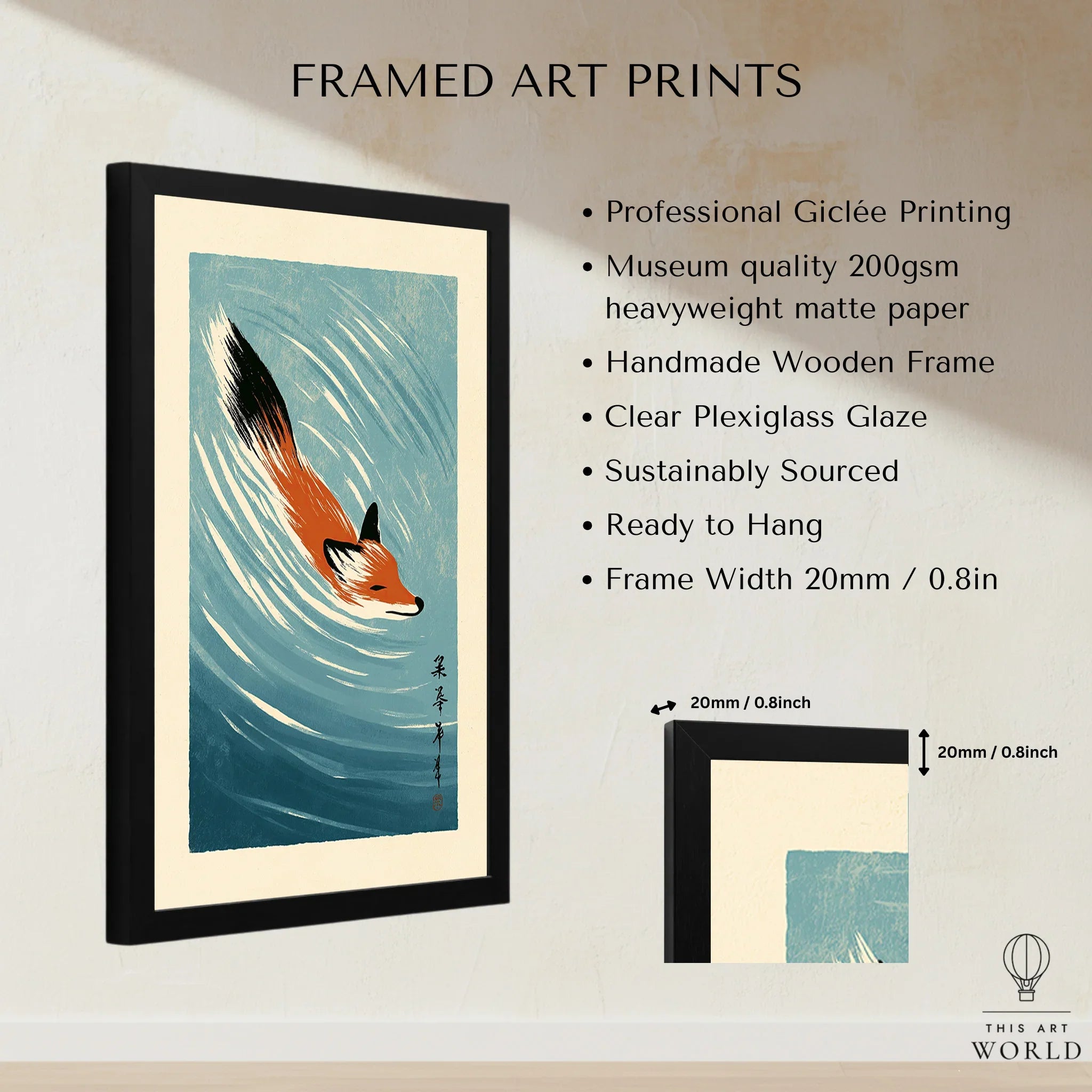 Japanese Fox Art Print – Blue Vintage Japanese Wall Art — framed print details measurements quality details