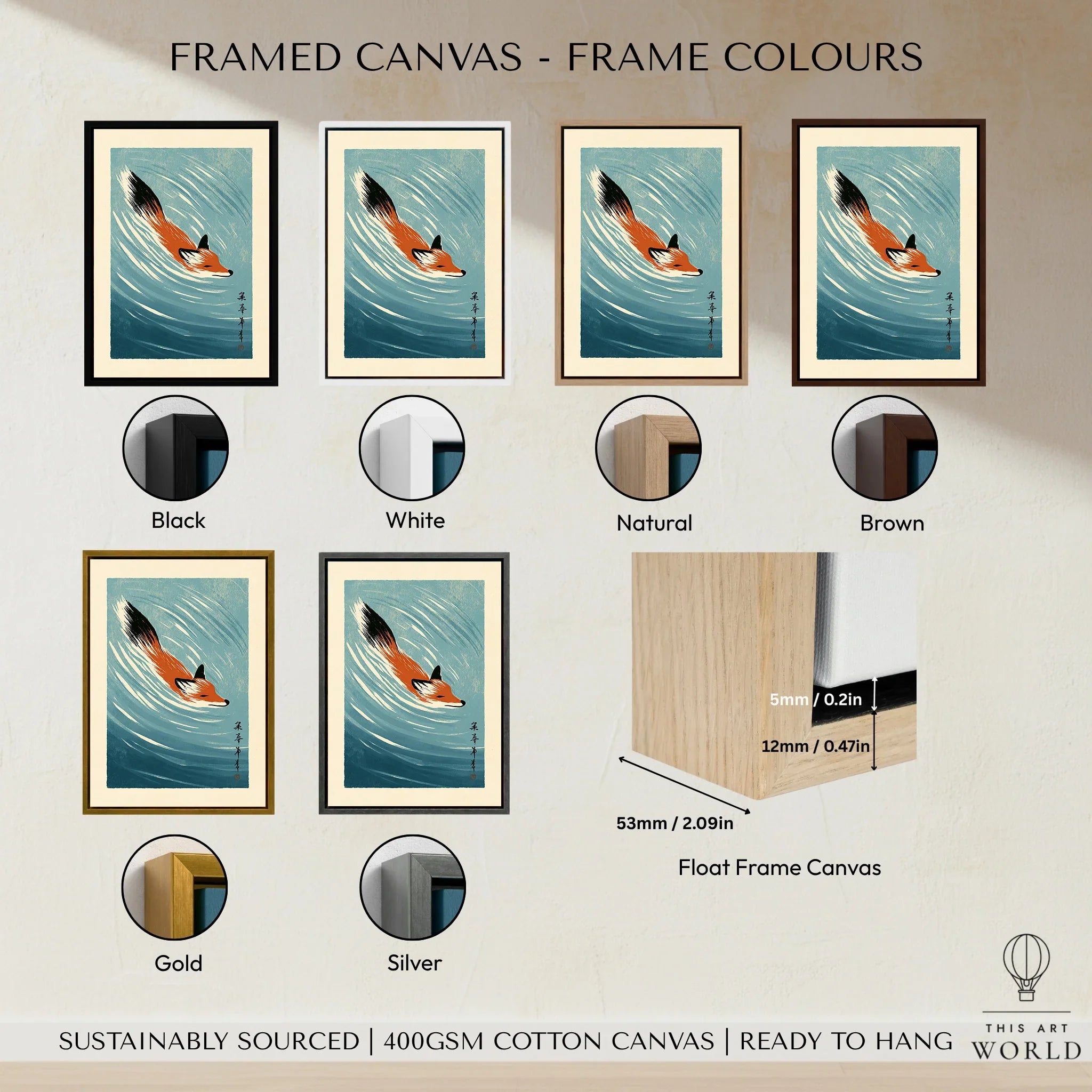 Japanese Fox Art Print – Blue Vintage Japanese Wall Art — framed canvas float frame colour options