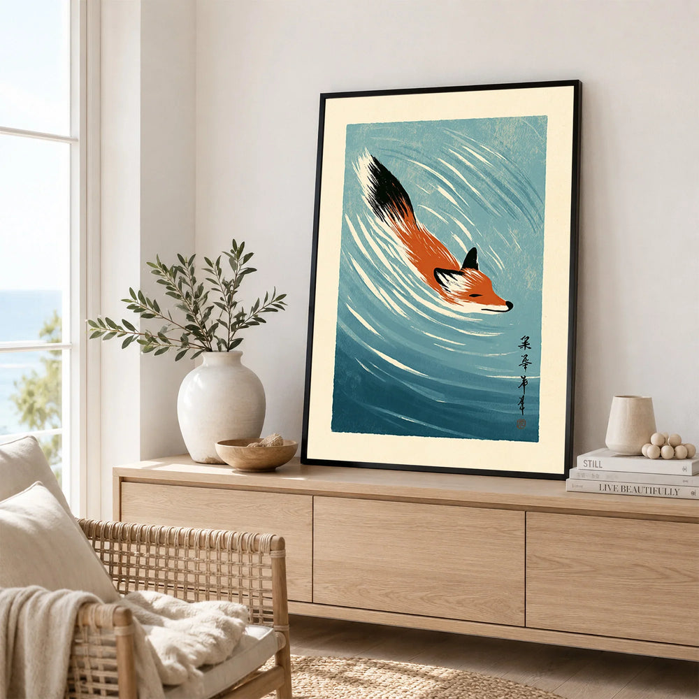 Japanese Fox Art Print – Blue Vintage Japanese Wall Art — framed artwork living room lifestyle setting