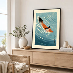 Japanese Fox Art Print – Blue Vintage Japanese Wall Art — framed artwork living room lifestyle setting