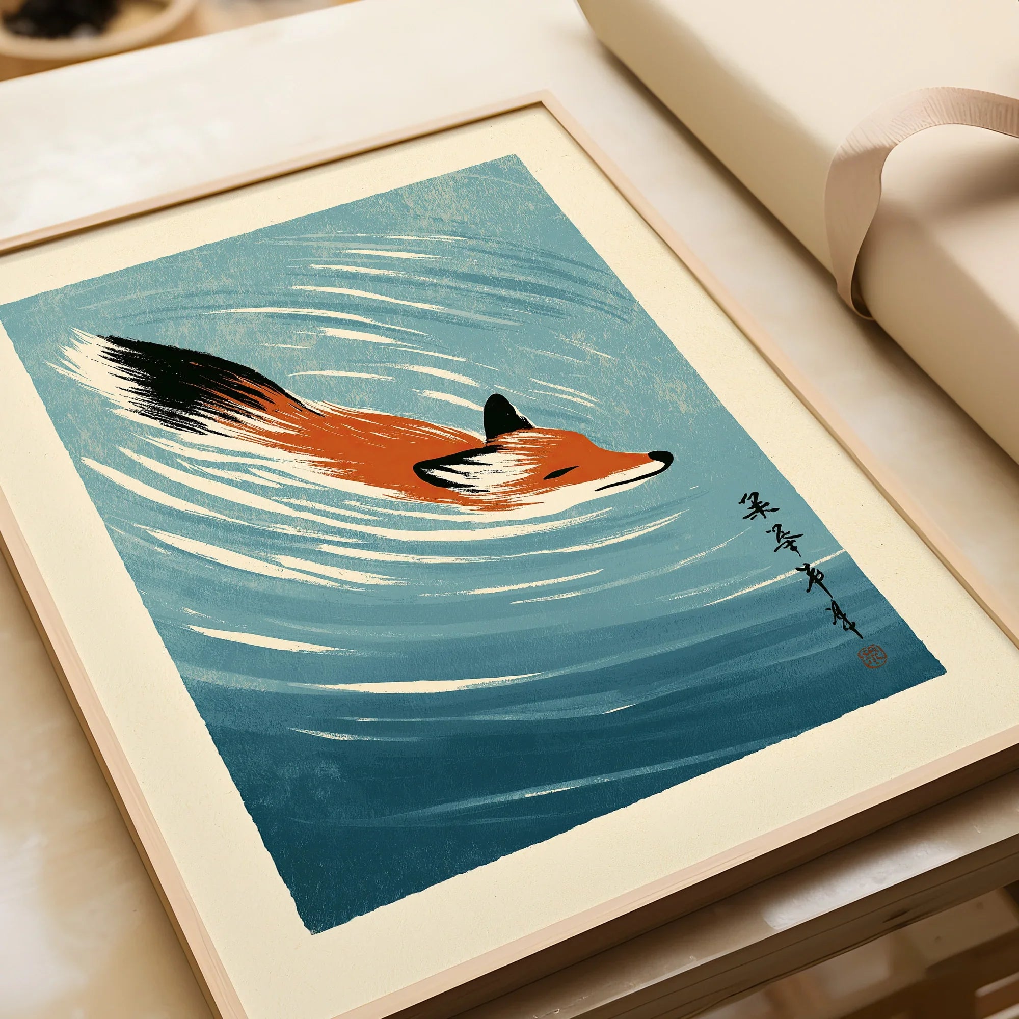 Japanese Fox Art Print – Blue Vintage Japanese Wall Art — framed art print closeup gift unwrapped natural frame