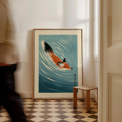Japanese Fox Art Print – Blue Vintage Japanese Wall Art — framed canvas on floor man walking past