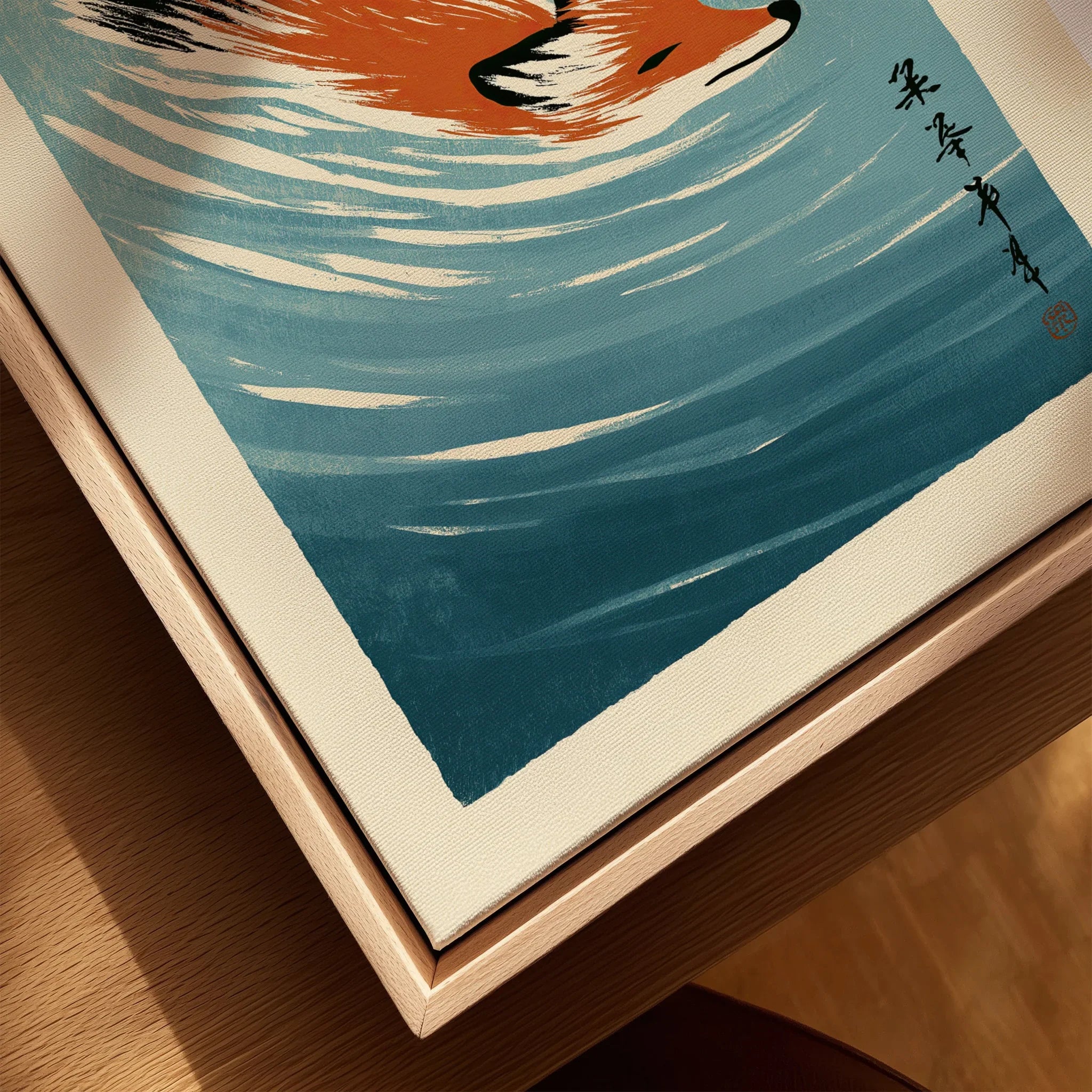 Japanese Fox Art Print – Blue Vintage Japanese Wall Art — closeup framed canvas natural wood floating frame