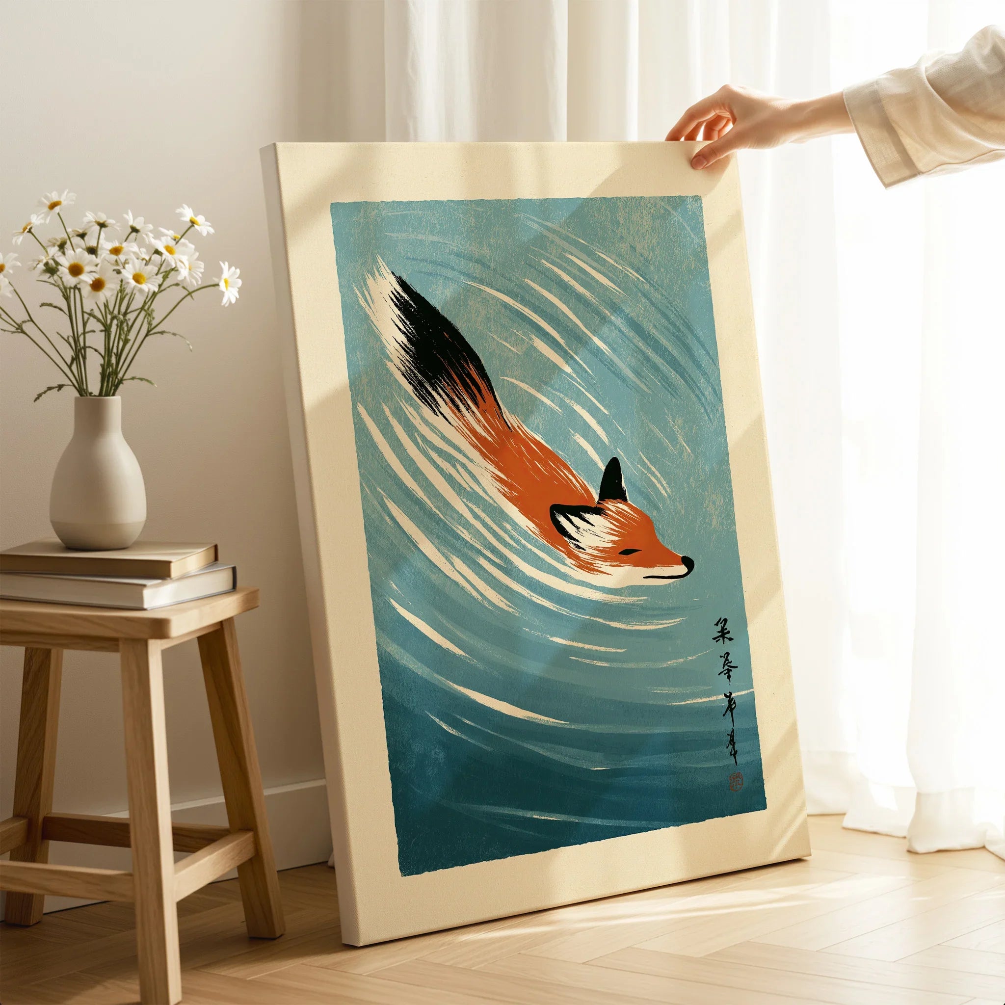 Japanese Fox Art Print – Blue Vintage Japanese Wall Art — canvas print mirror edge hand holding room setting