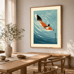 Japanese Fox Art Print – Blue Vintage Japanese Wall Art — dining room framed print natural wood frame