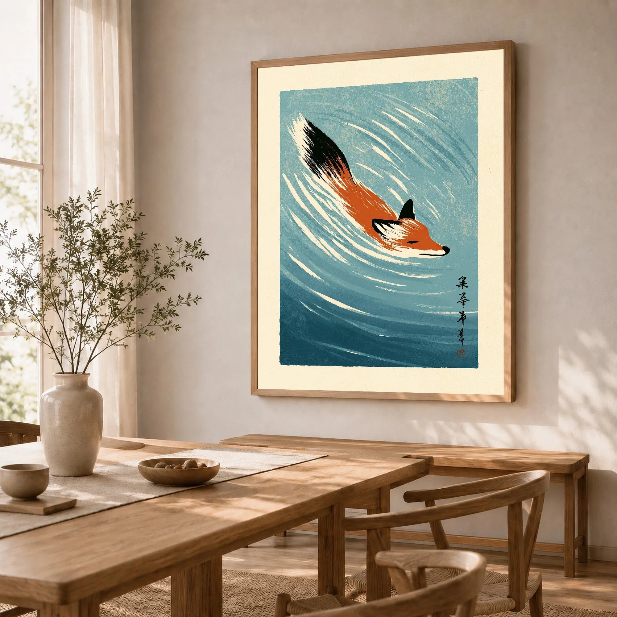 Japanese Fox Art Print – Blue Vintage Japanese Wall Art — dining room framed print natural wood frame