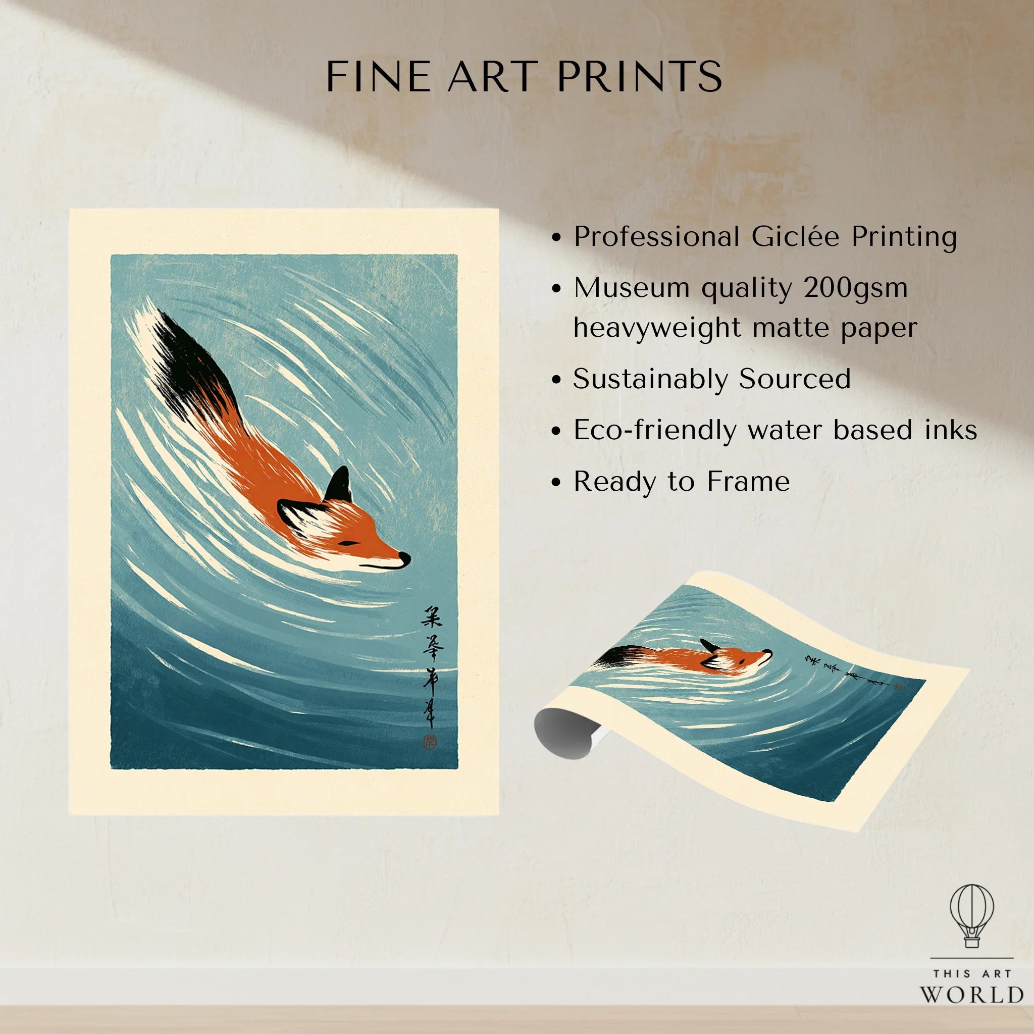 Japanese Fox Art Print – Blue Vintage Japanese Wall Art — fine art print unframed quality details
