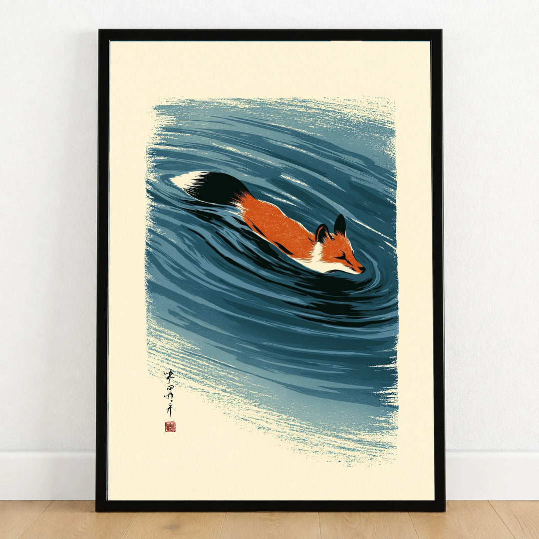 Japanese Fox Wall Art – Blue Ukiyo-e Inspired Print — art print in black frame on wooden floor