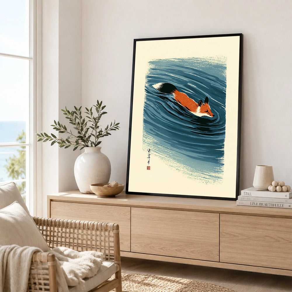 Japanese Fox Wall Art – Blue Ukiyo-e Inspired Print — framed artwork living room lifestyle setting