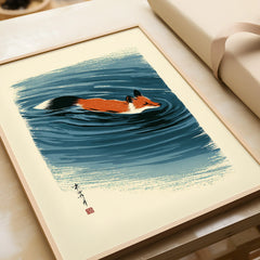 Japanese Fox Wall Art – Blue Ukiyo-e Inspired Print — framed art print closeup gift unwrapped natural frame