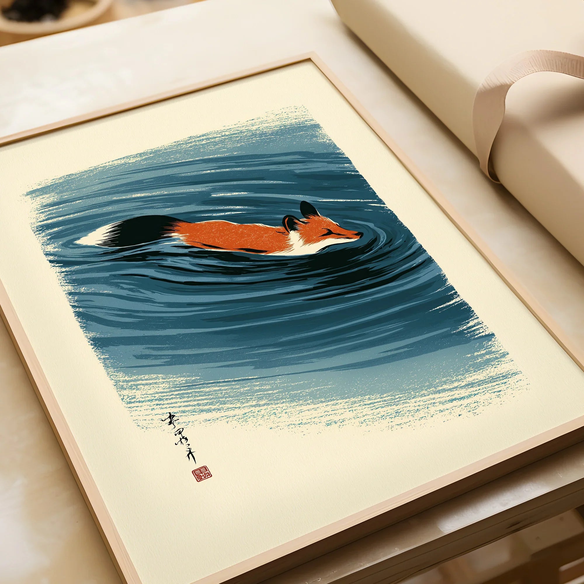 Japanese Fox Wall Art – Blue Ukiyo-e Inspired Print — framed art print closeup gift unwrapped natural frame
