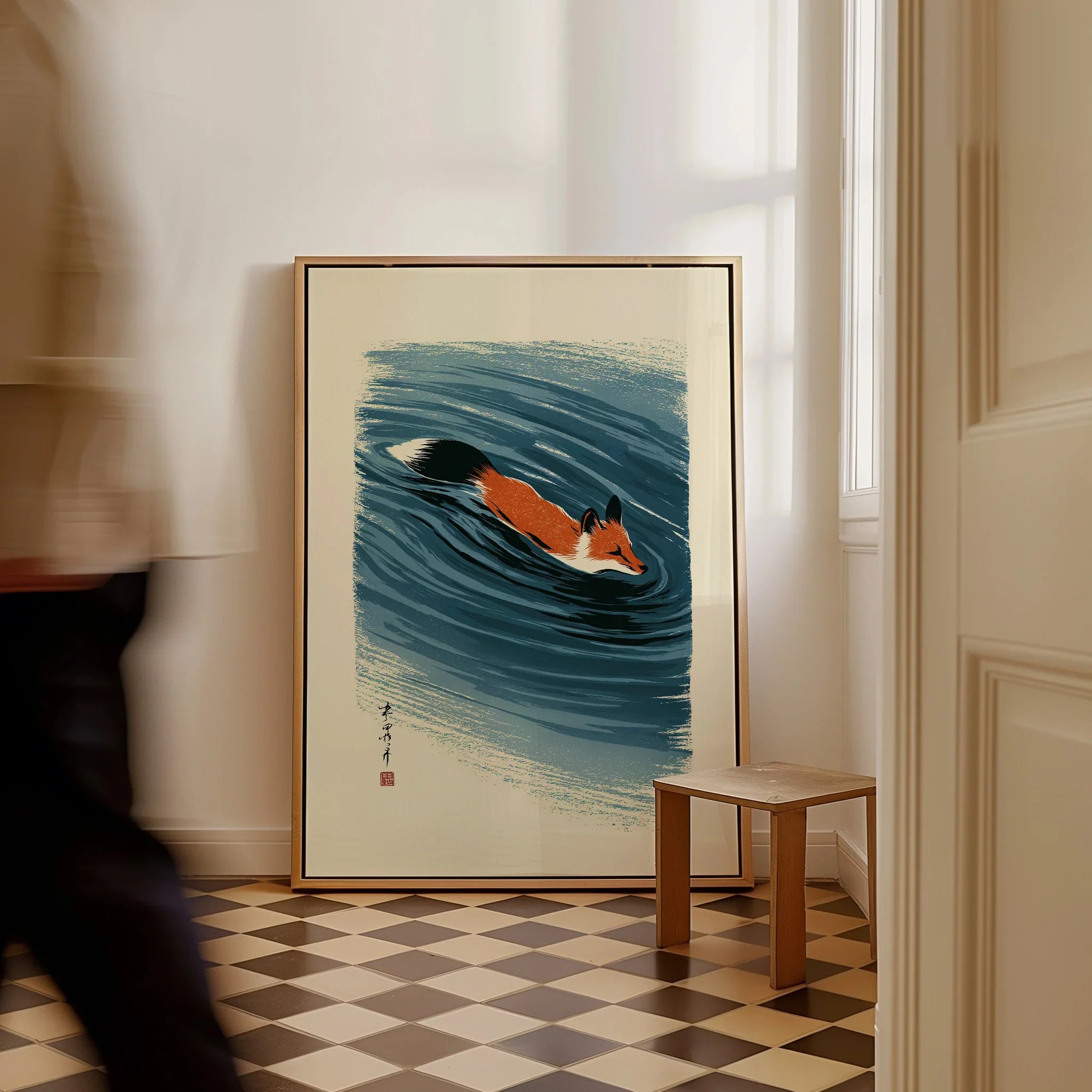 Japanese Fox Wall Art – Blue Ukiyo-e Inspired Print — framed canvas on floor man walking past