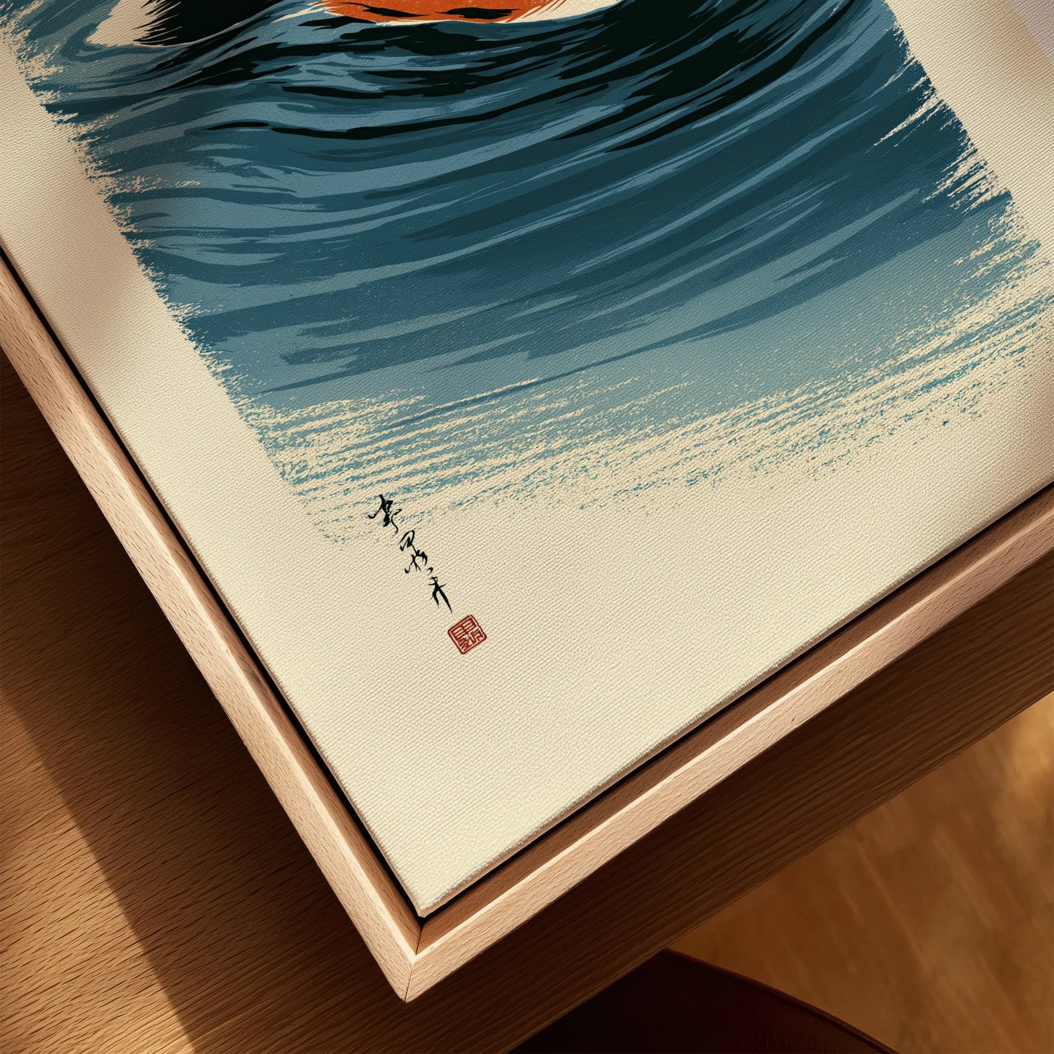 Japanese Fox Wall Art – Blue Ukiyo-e Inspired Print — closeup framed canvas natural wood floating frame