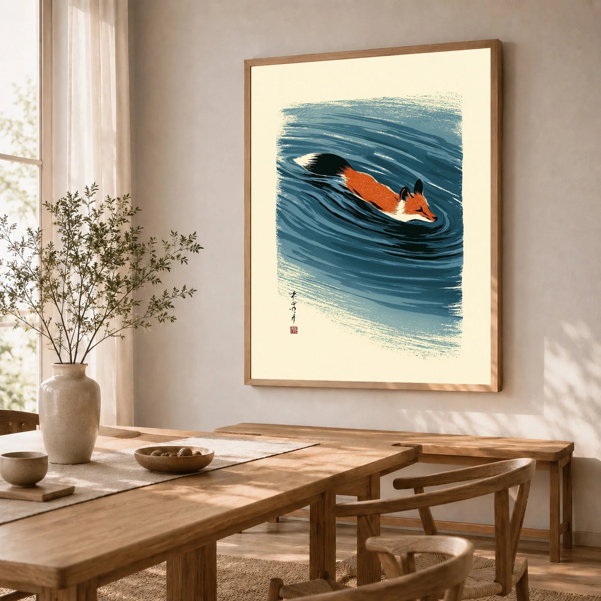 Japanese Fox Wall Art – Blue Ukiyo-e Inspired Print — dining room framed print natural wood frame