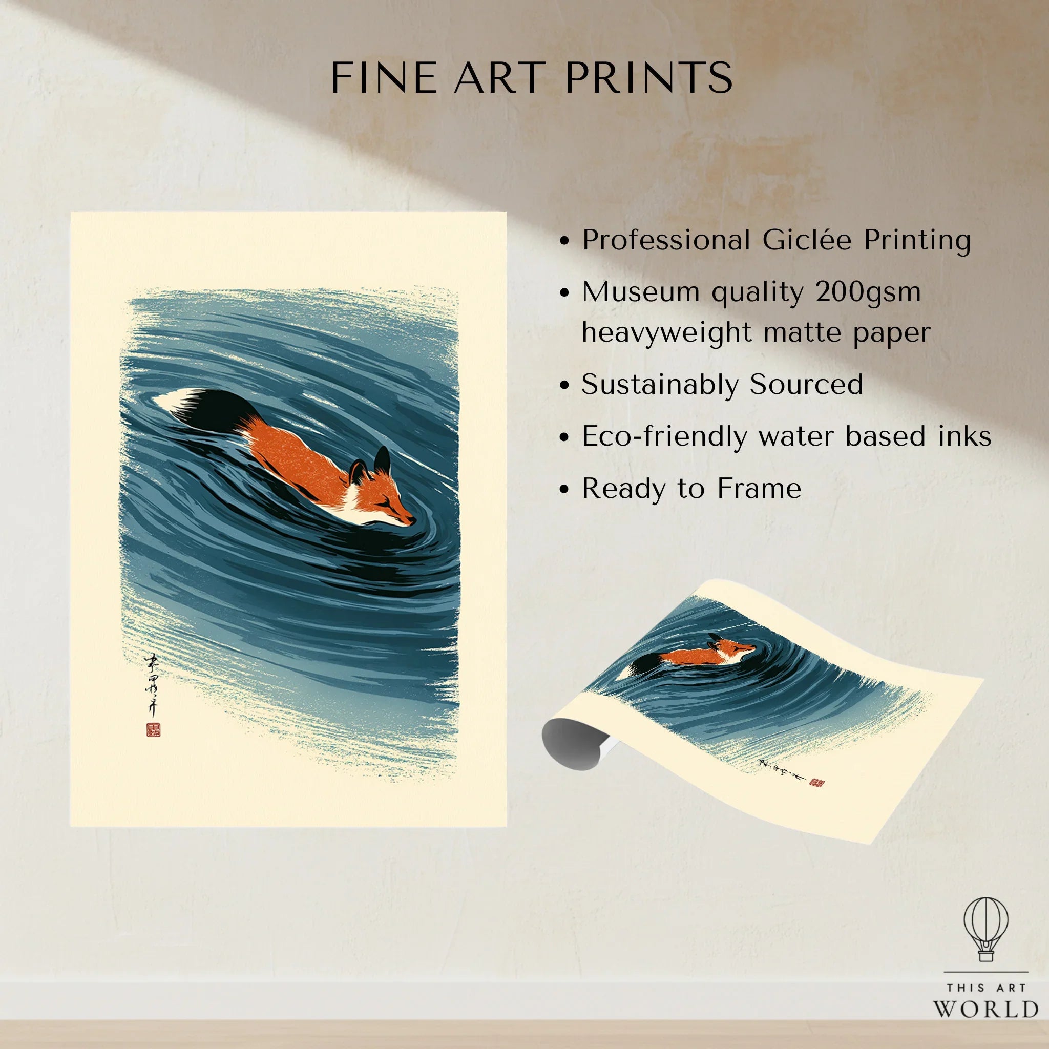 Japanese Fox Wall Art – Blue Ukiyo-e Inspired Print — fine art print unframed quality details
