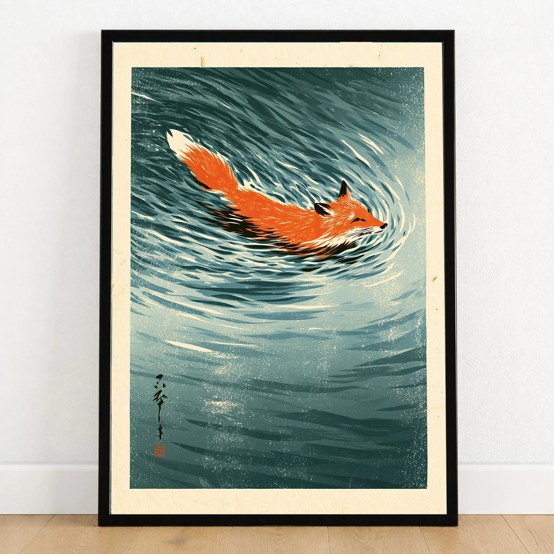 Japanese Fox Art Print – Vintage Blue Wildlife Wall Art — art print in black frame on wooden floor