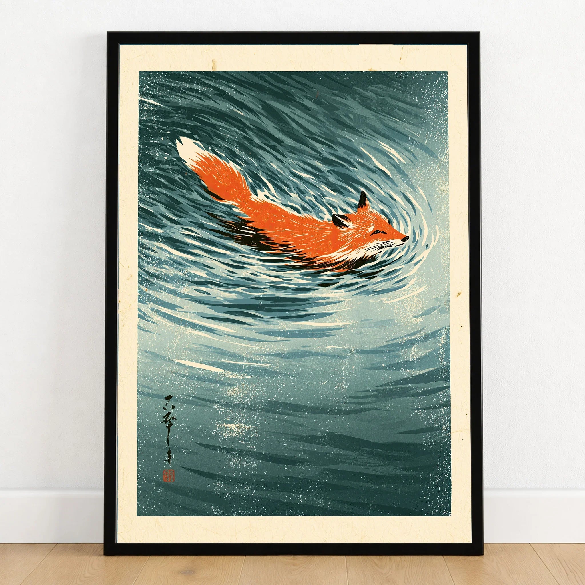 Japanese Fox Art Print – Vintage Blue Wildlife Wall Art — art print in black frame on wooden floor