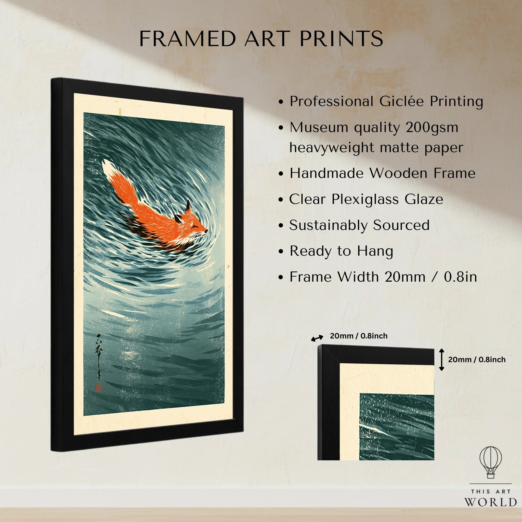 Japanese Fox Art Print – Vintage Blue Wildlife Wall Art — framed print details measurements quality details