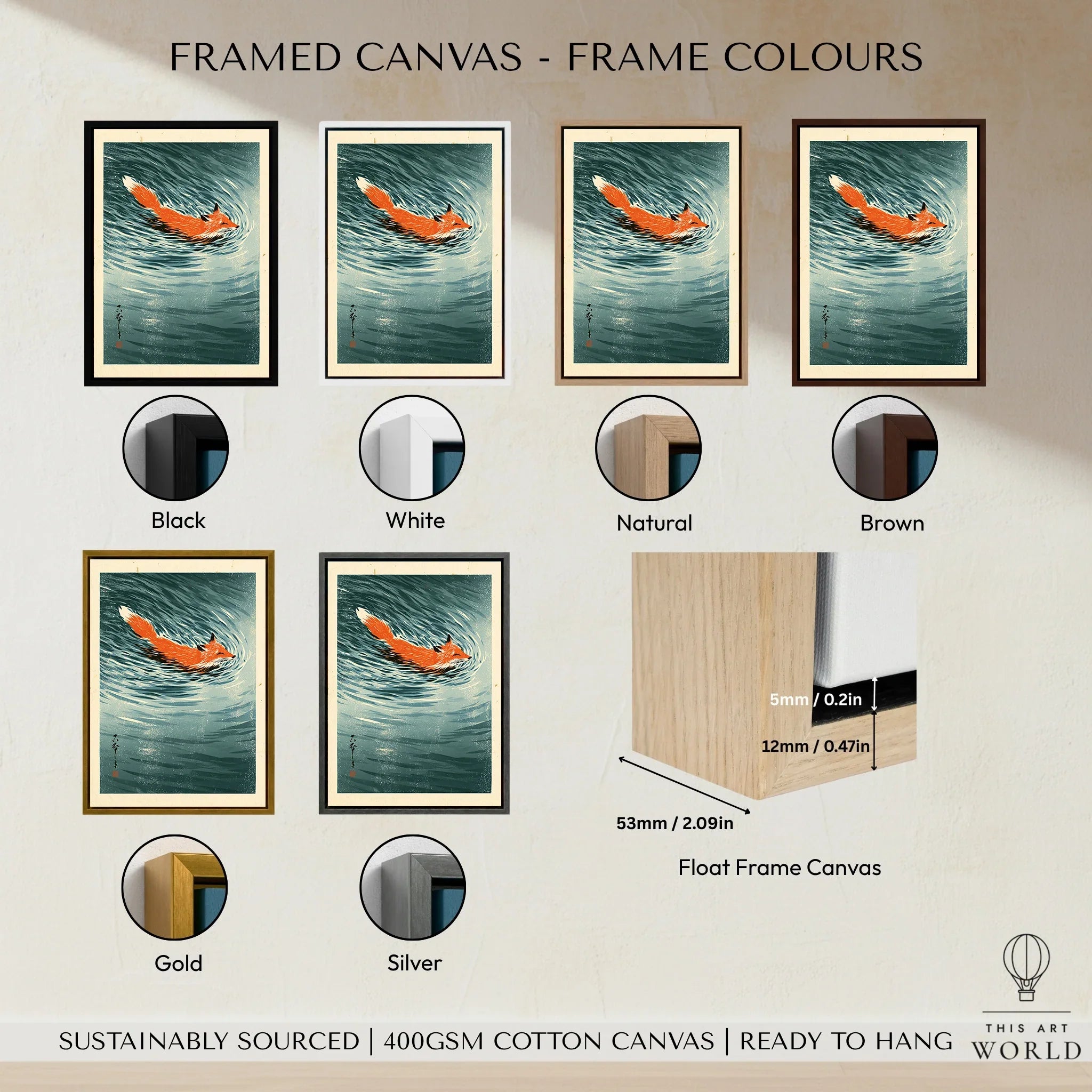 Japanese Fox Art Print – Vintage Blue Wildlife Wall Art — framed canvas float frame colour options