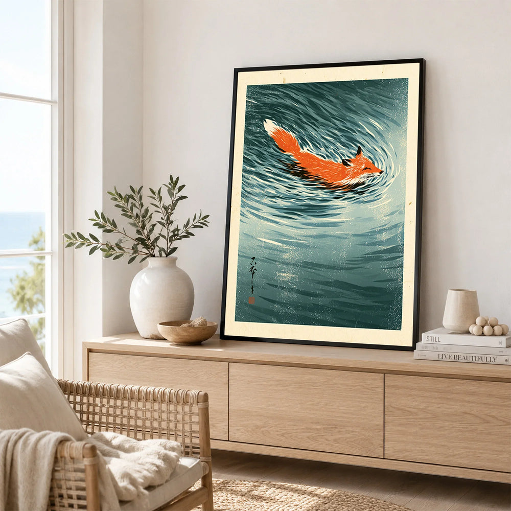 Japanese Fox Art Print – Vintage Blue Wildlife Wall Art — framed artwork living room lifestyle setting