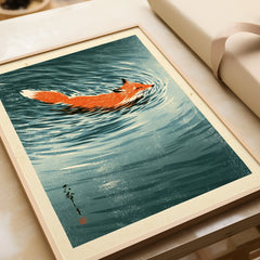 Japanese Fox Art Print – Vintage Blue Wildlife Wall Art — framed art print closeup gift unwrapped natural frame