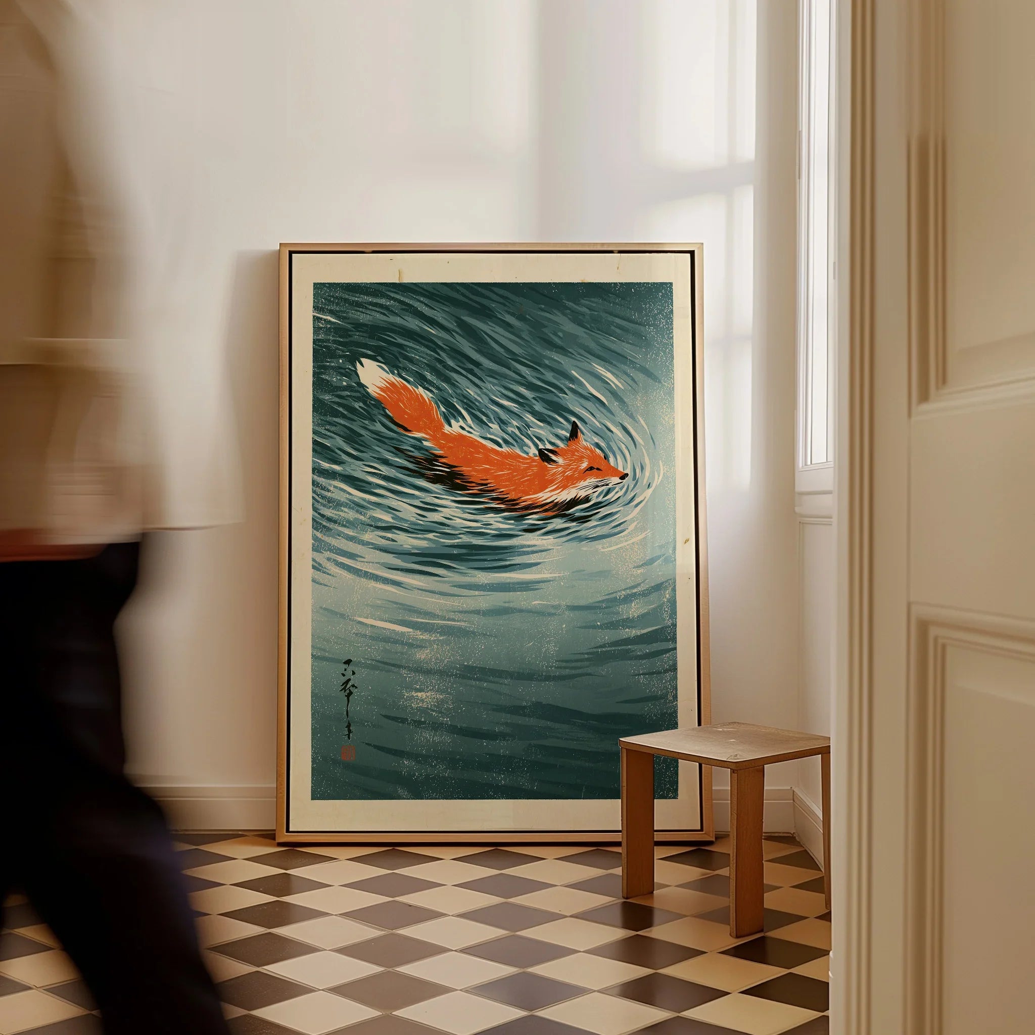 Japanese Fox Art Print – Vintage Blue Wildlife Wall Art — framed canvas on floor man walking past