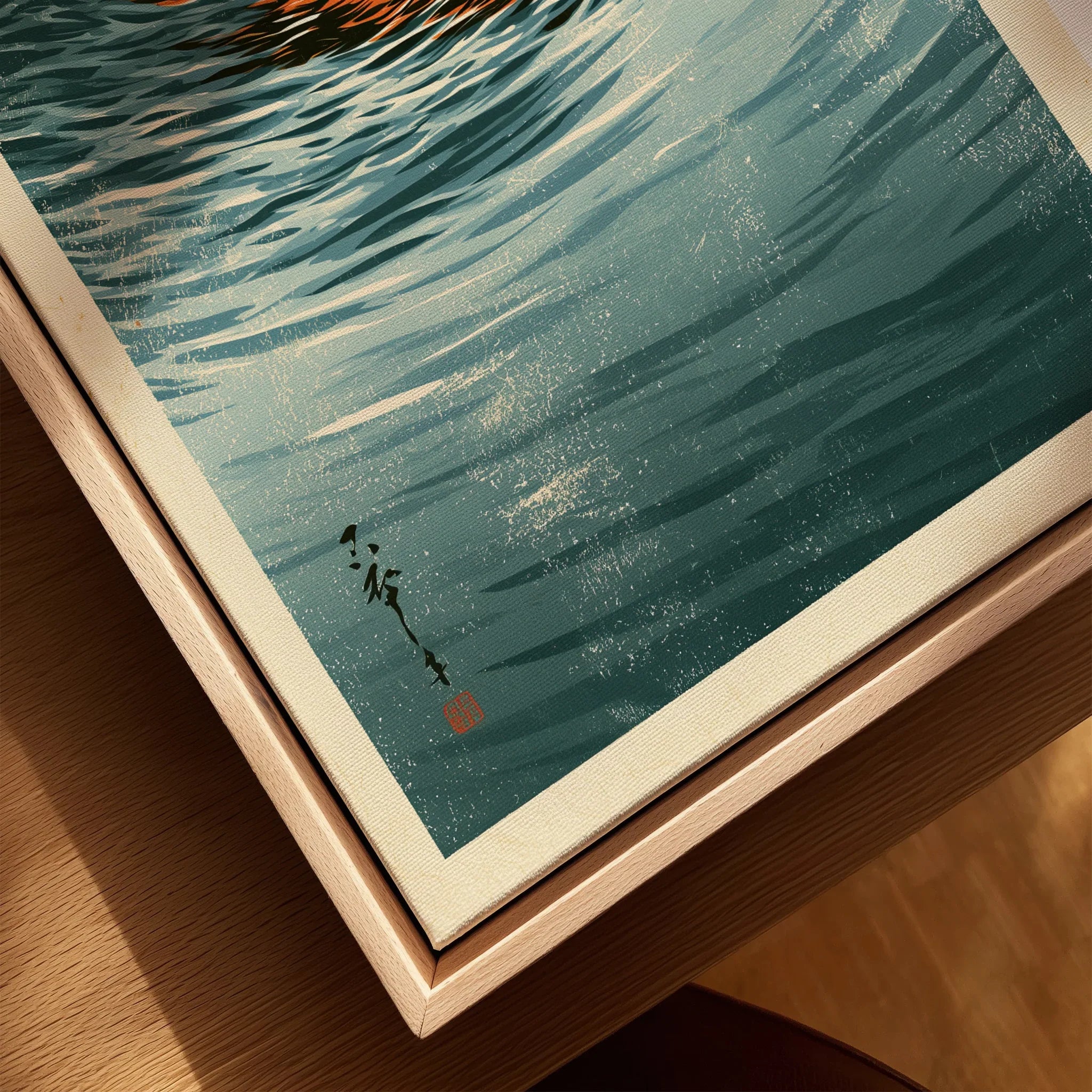 Japanese Fox Art Print – Vintage Blue Wildlife Wall Art — closeup framed canvas natural wood floating frame