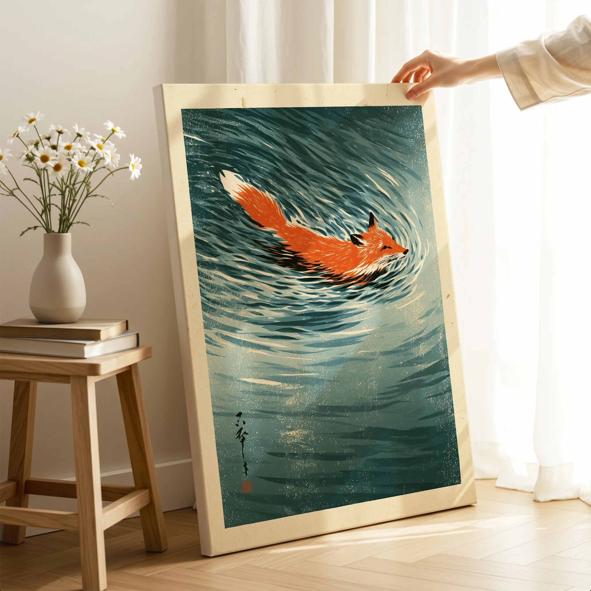 Japanese Fox Art Print – Vintage Blue Wildlife Wall Art — canvas print mirror edge hand holding room setting
