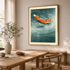 Japanese Fox Art Print – Vintage Blue Wildlife Wall Art — dining room framed print natural wood frame