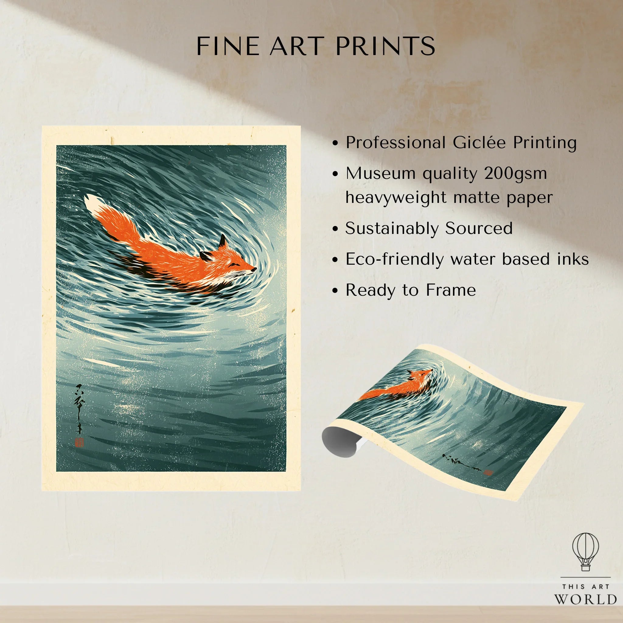 Japanese Fox Art Print – Vintage Blue Wildlife Wall Art — fine art print unframed quality details