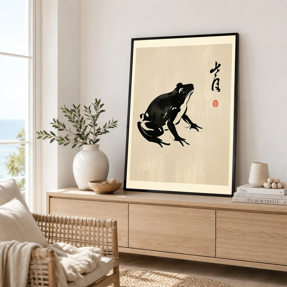 Japanese Frog Art Print – Vintage Ukiyo-e Style Wall Art — framed artwork living room lifestyle setting